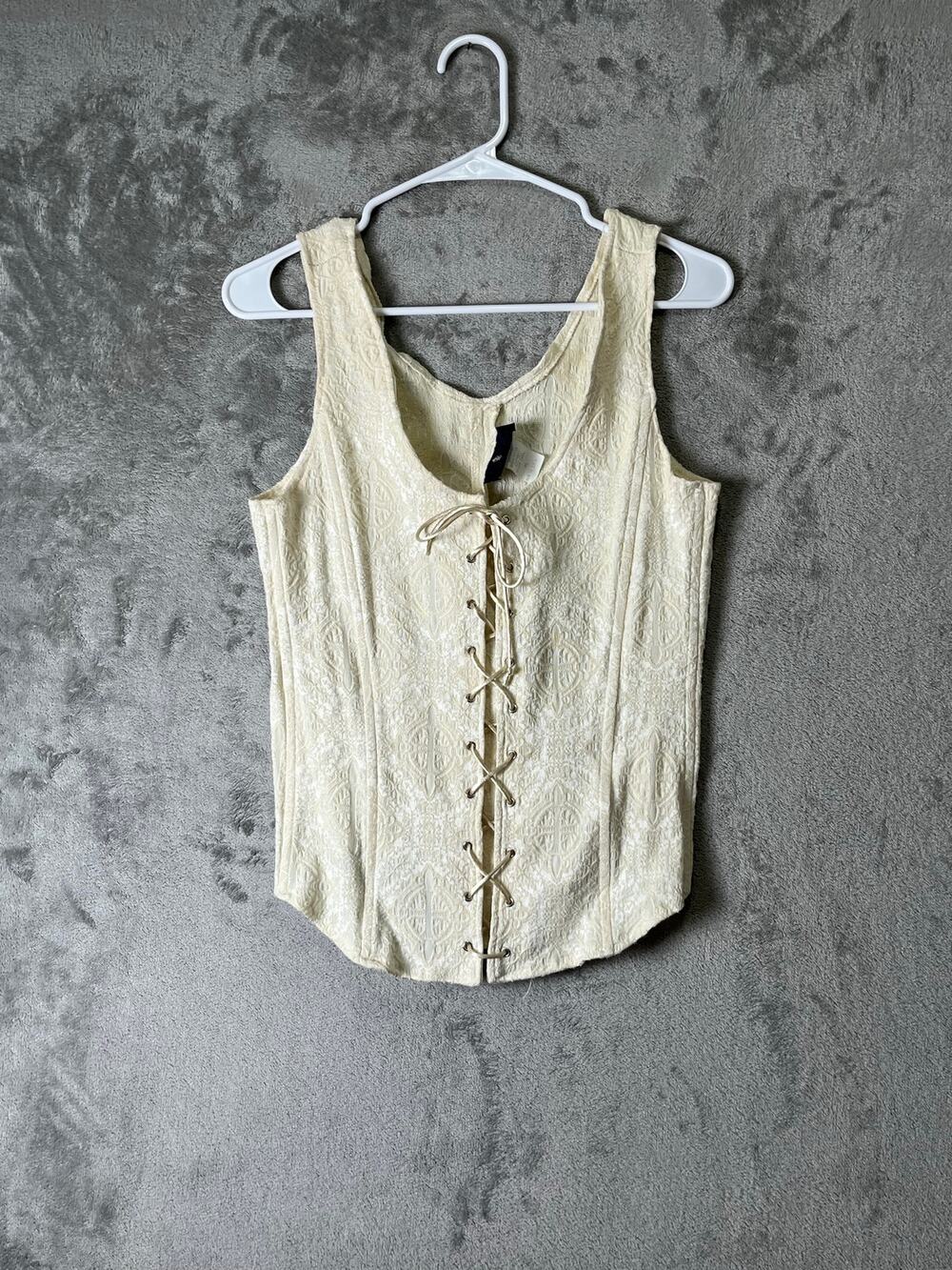 Morbid Threads Cream Lace Up Corset Tank Top Embroidered Y2K Boho Size Small